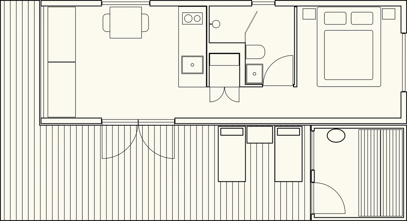 Grundriss einer Cabin mit Sauna und Terrasse